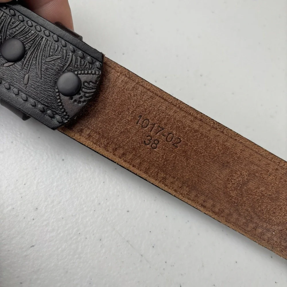 Leather‎ Fishing Belt Sz 38 Bass Fisherman Tooled Brown Leather Removable Buckle